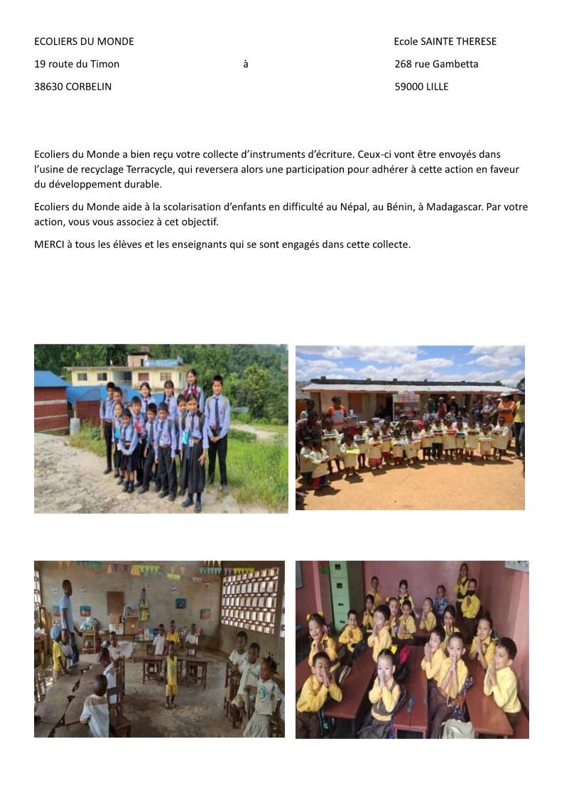 Collecte stylos ecole sainte therese 1