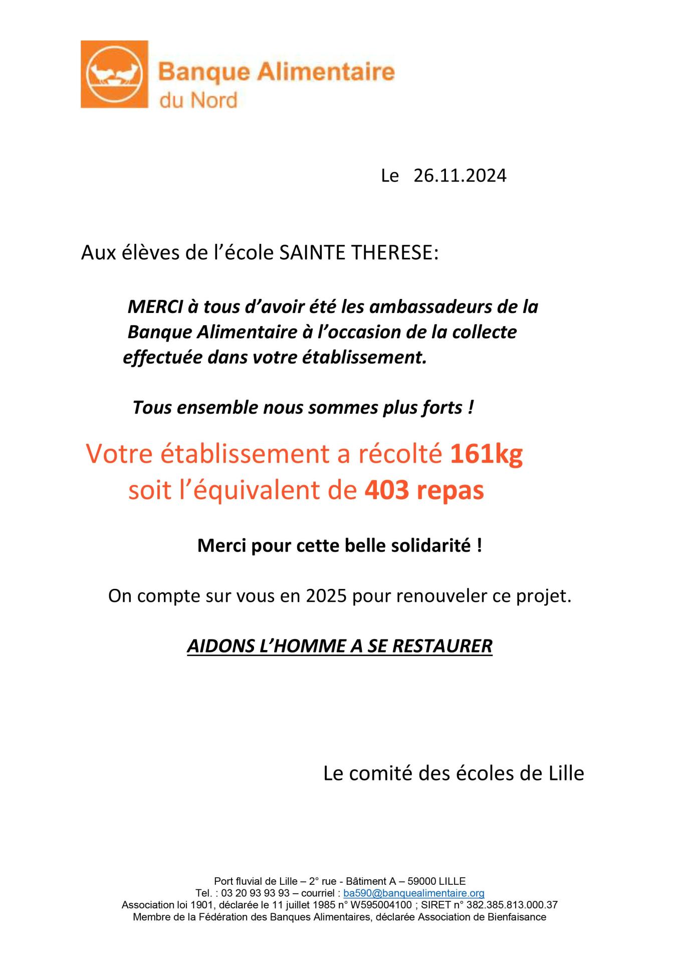 Remerciements 2024 ecole sainte therese